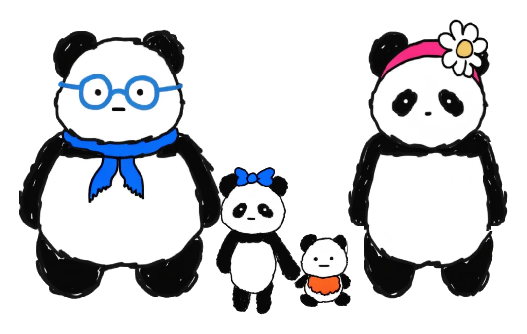 판다 가족: 아빠 판다, 누나 빈, 동생 빈, 엄마 판다